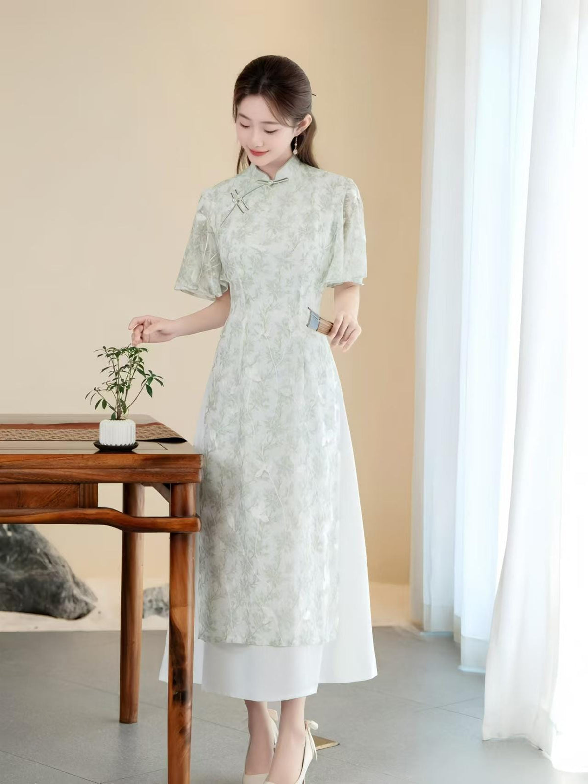 Women's White Floral Qipao Cheongsam Dress – additional product view