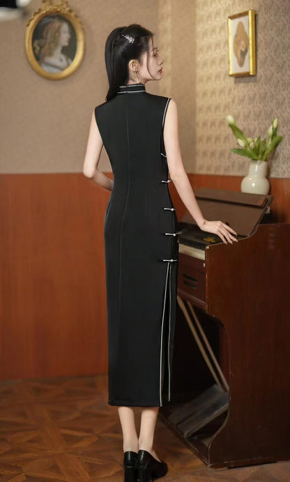 Women's Black Floral Qipao Cheongsam Dress – Acetate – additional product view