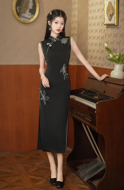 Women's Black Floral Qipao Cheongsam Dress – Acetate