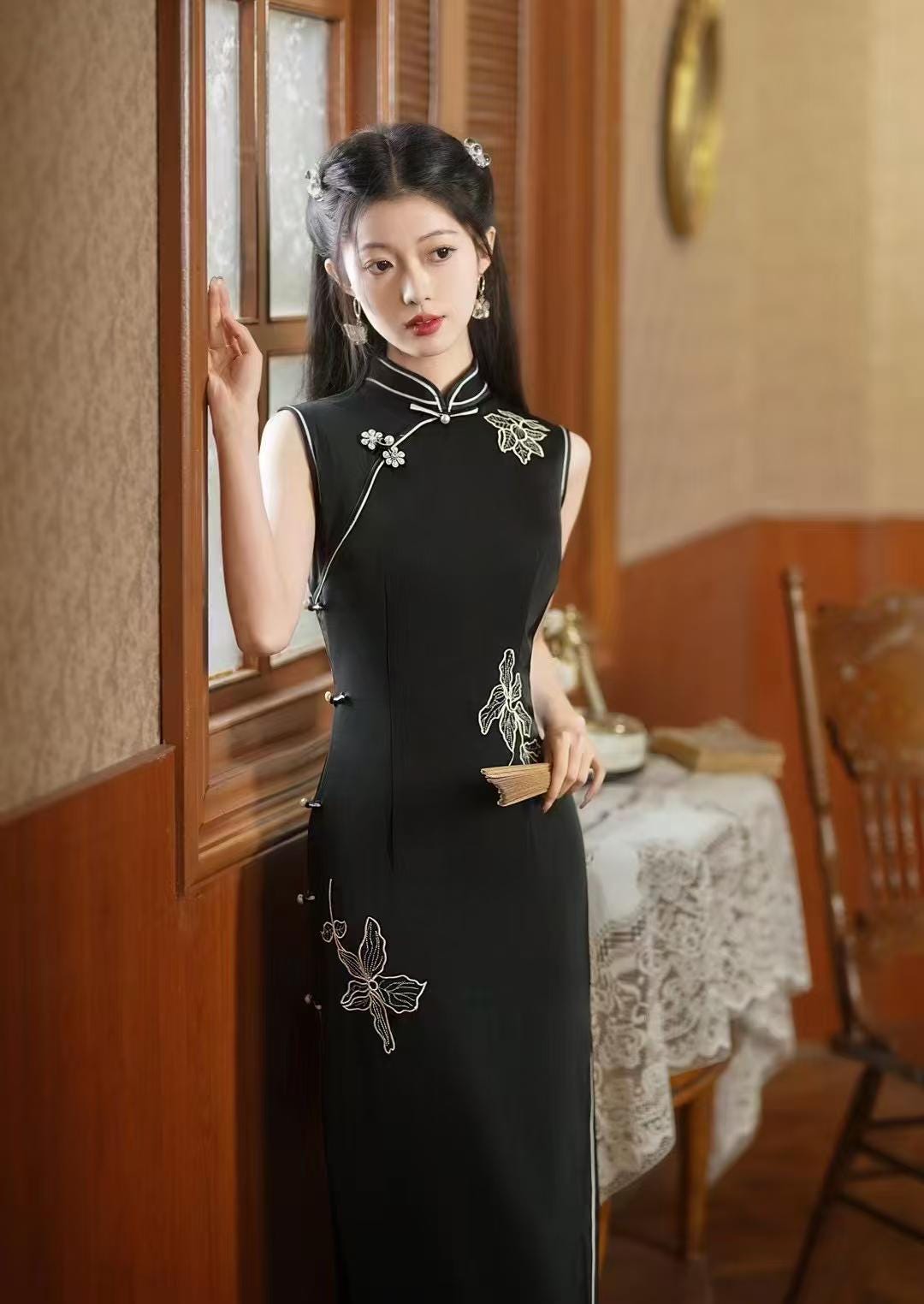 Women's Black Floral Qipao Cheongsam Dress – Acetate – additional product view