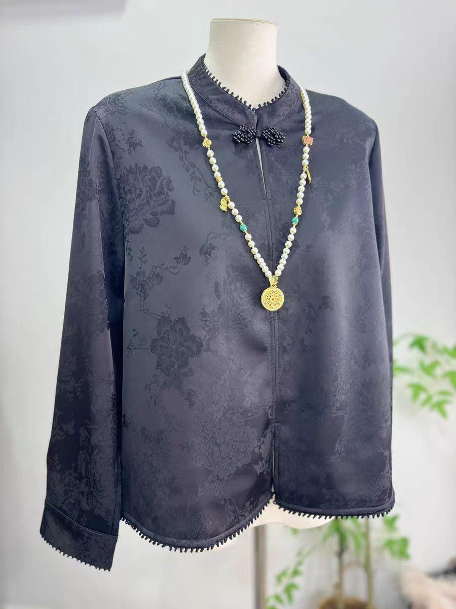 Women's Jacquard Silk Chinese Style Blouse – Long Sleeve Winter – additional product view