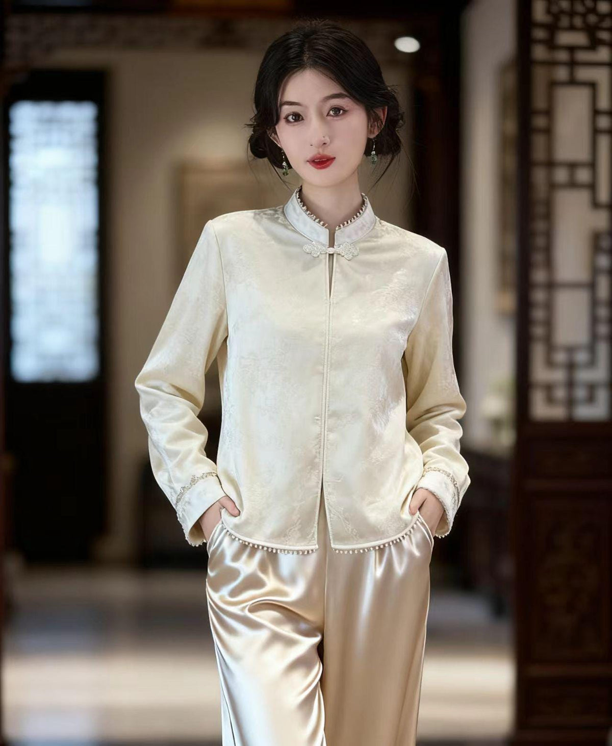 Women's Jacquard Silk Chinese Style Blouse – Long Sleeve Winter