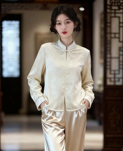 Women's Jacquard Silk Chinese Style Blouse – Long Sleeve Winter