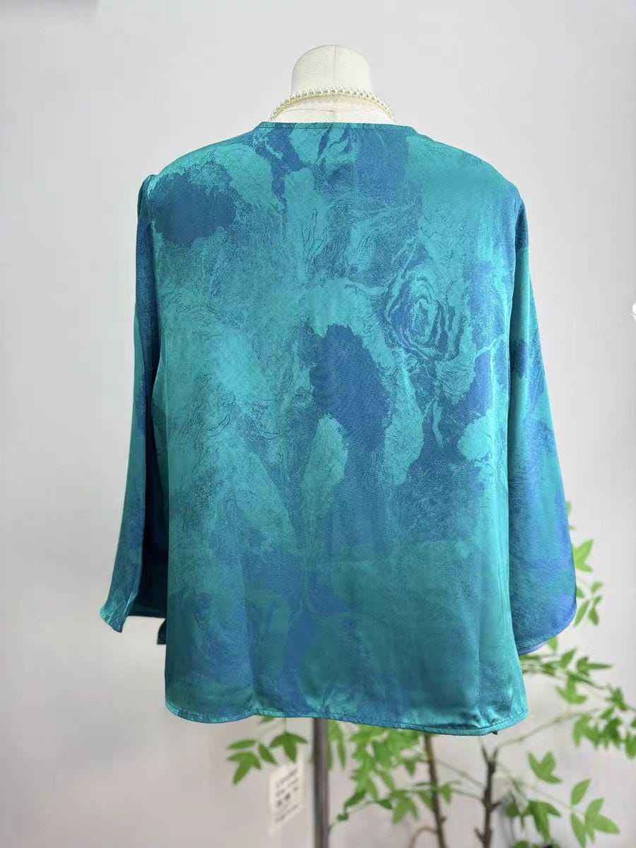 Women's Blue Floral Silk Chinese Style Blouse – additional product view