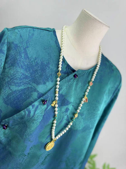 Women's Blue Floral Silk Chinese Style Blouse – additional product view