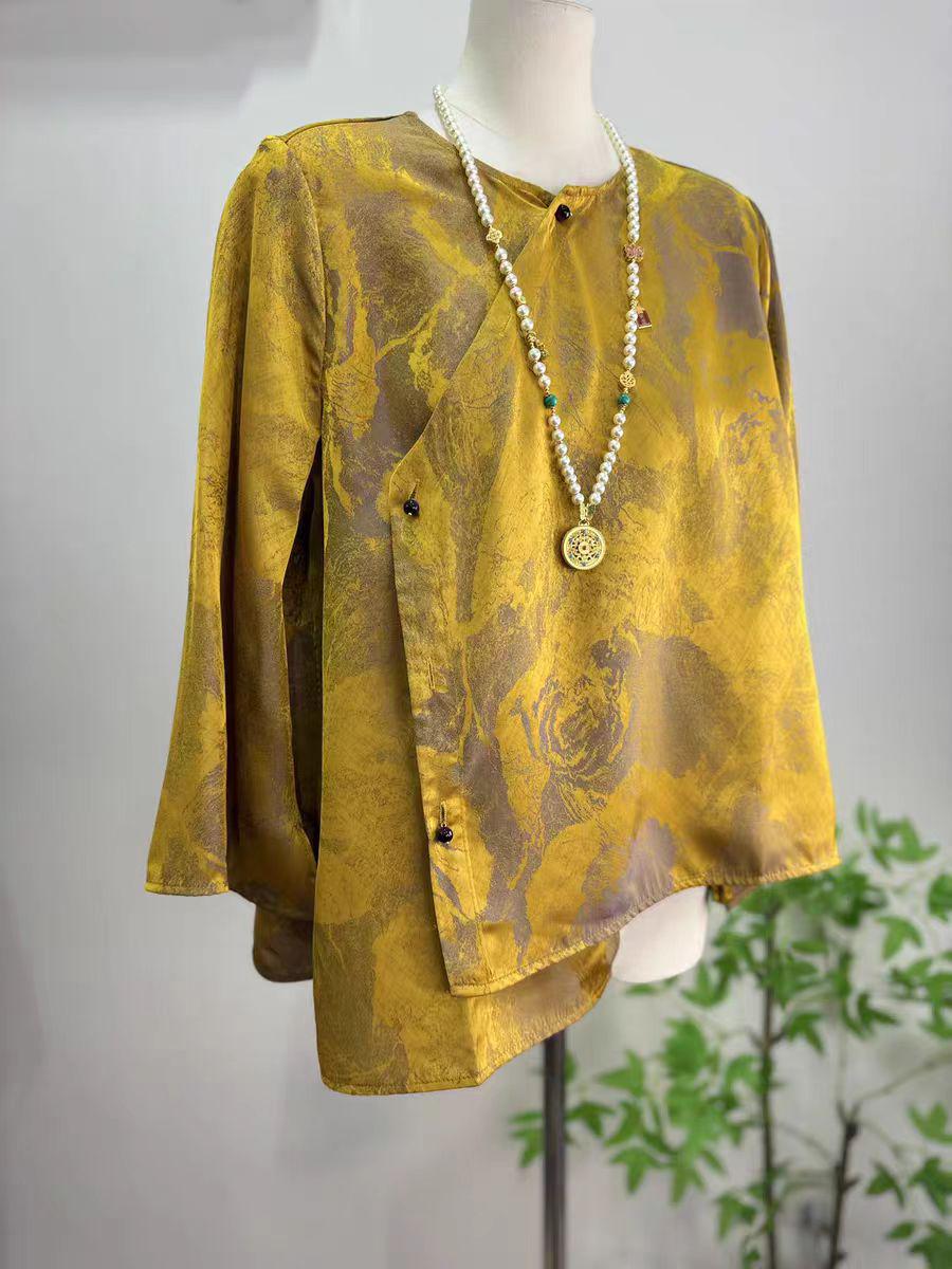 Women's Blue Floral Silk Chinese Style Blouse – additional product view