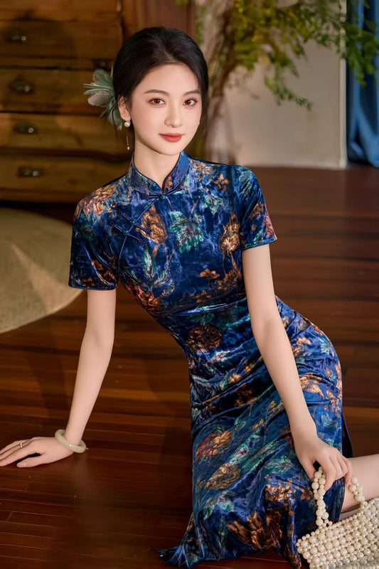 Women's Vintage Velvet Qipao Cheongsam Dress