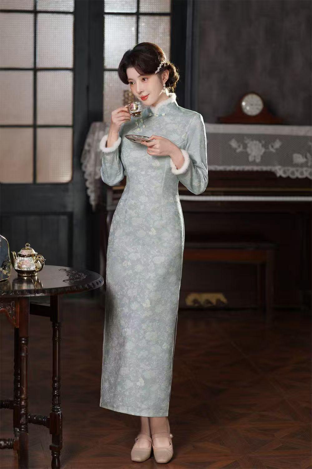Women's Jacquard Velvet Qipao Cheongsam Dress – additional product view