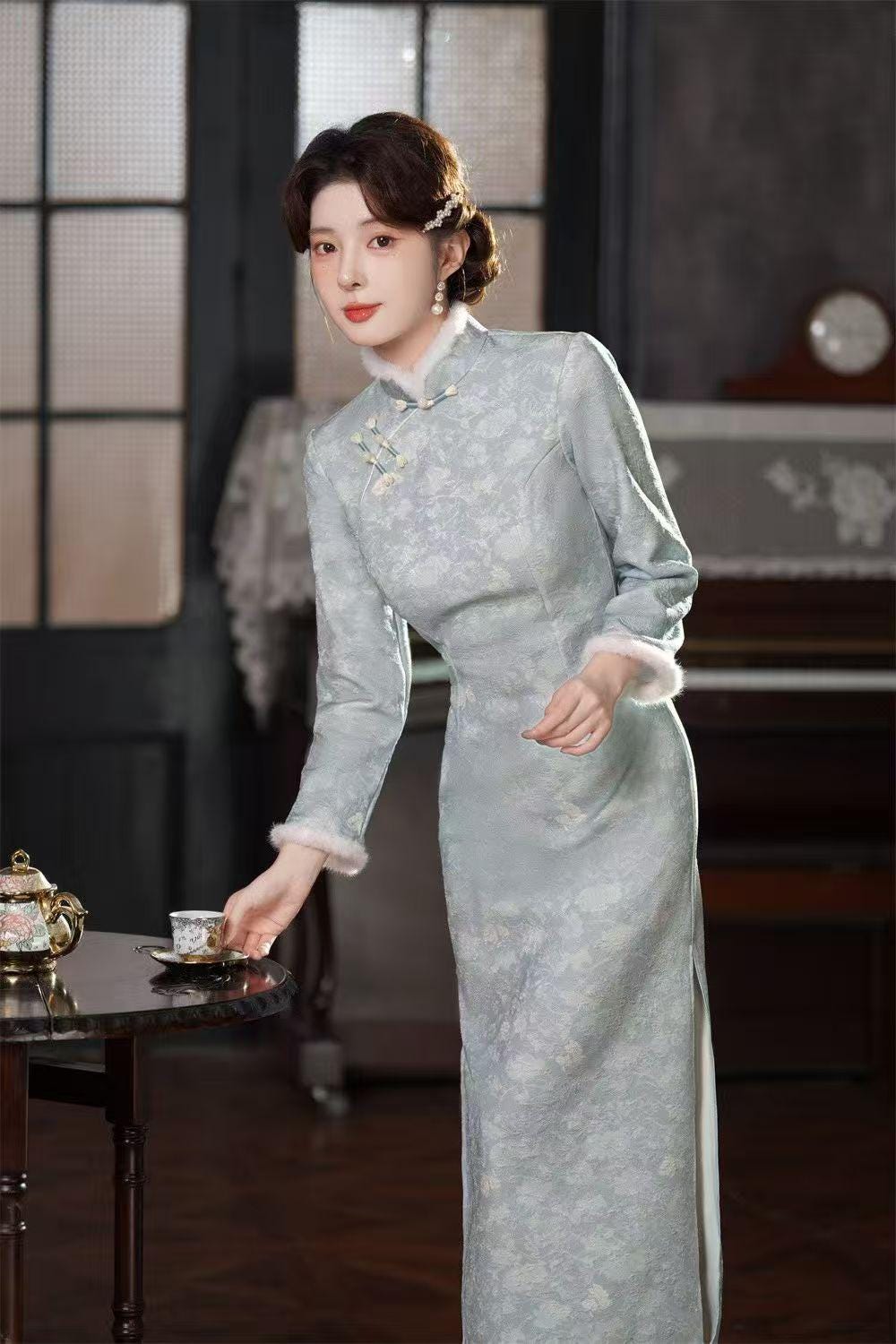 Women's Jacquard Velvet Qipao Cheongsam Dress – additional product view