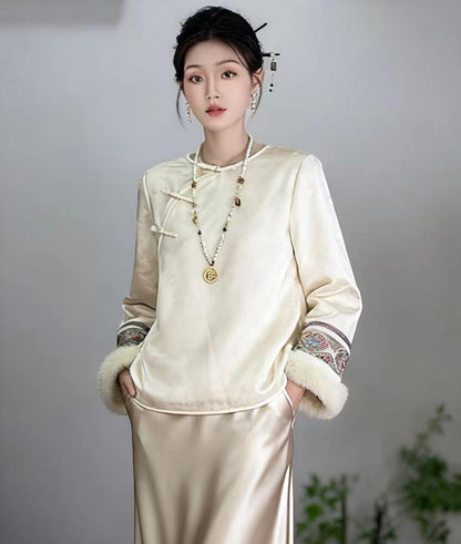 Women's Black Jacquard Silk Chinese Style Blouse