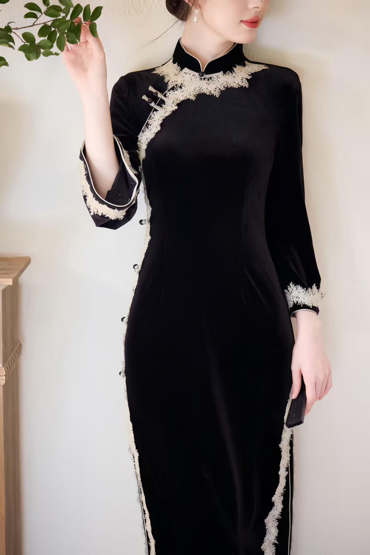 Women's Vintage Lace Qipao Cheongsam Dress – Colorblock – additional product view