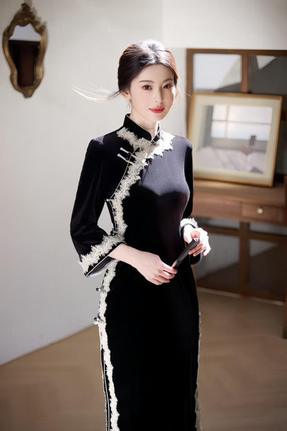 Women's Vintage Lace Qipao Cheongsam Dress – Colorblock – additional product view