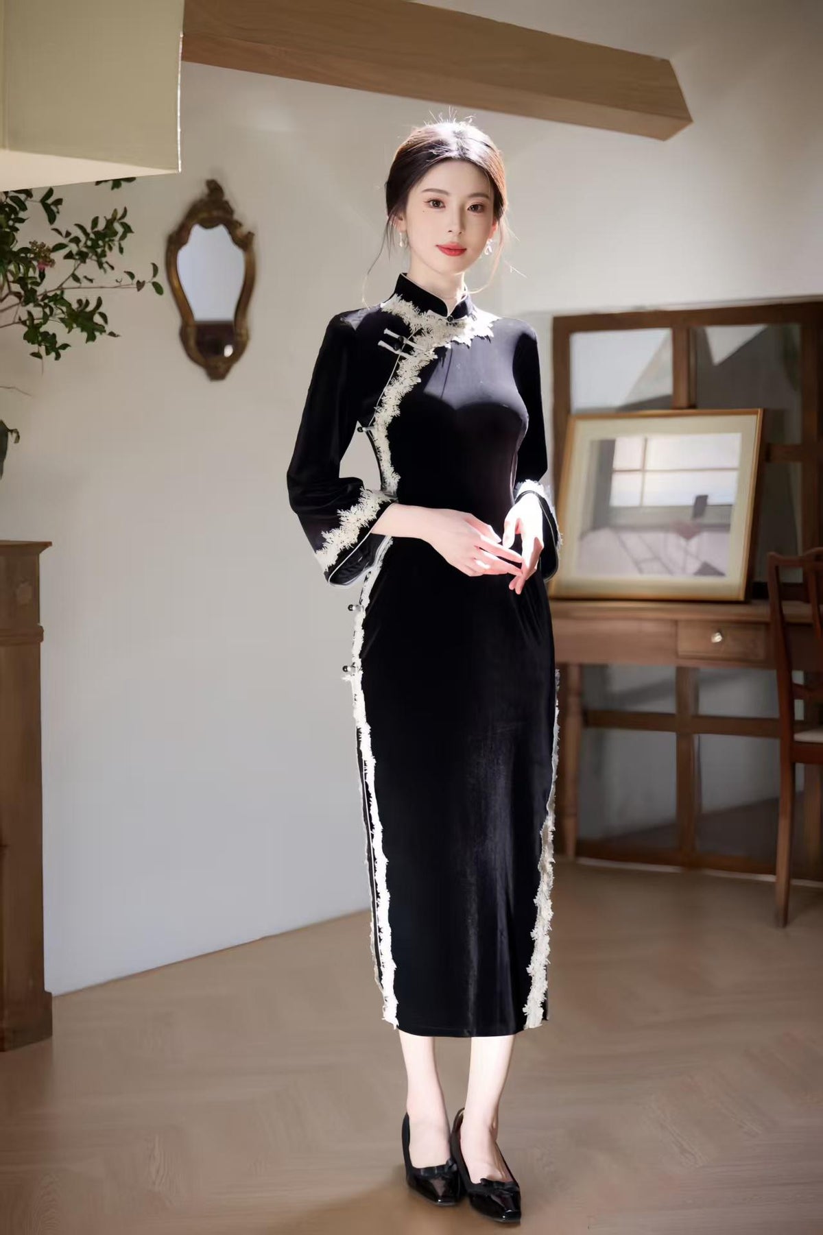 Women's Vintage Lace Qipao Cheongsam Dress – Colorblock
