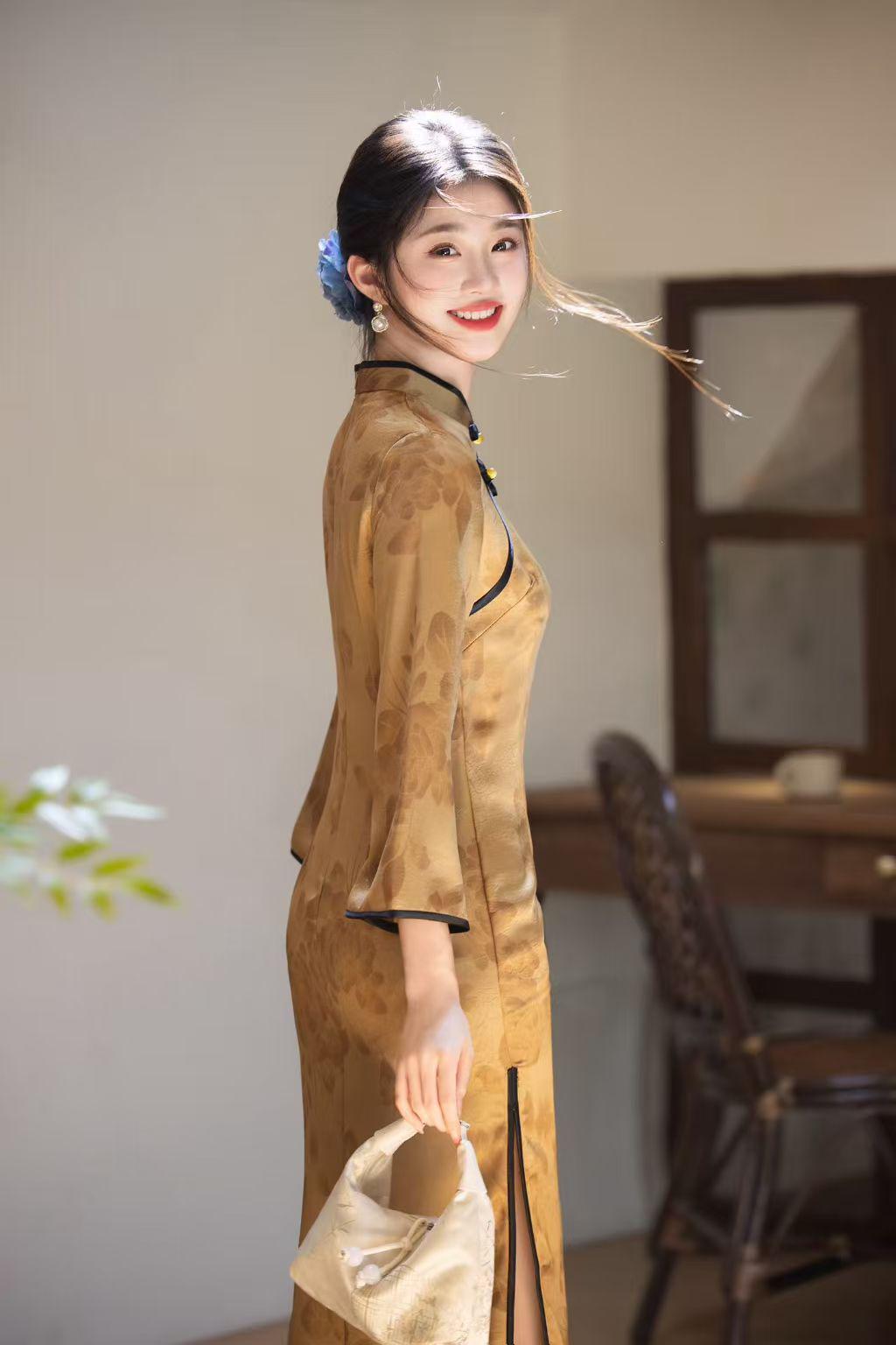 Women's Gold Vintage Velvet Qipao Cheongsam Dress – additional product view
