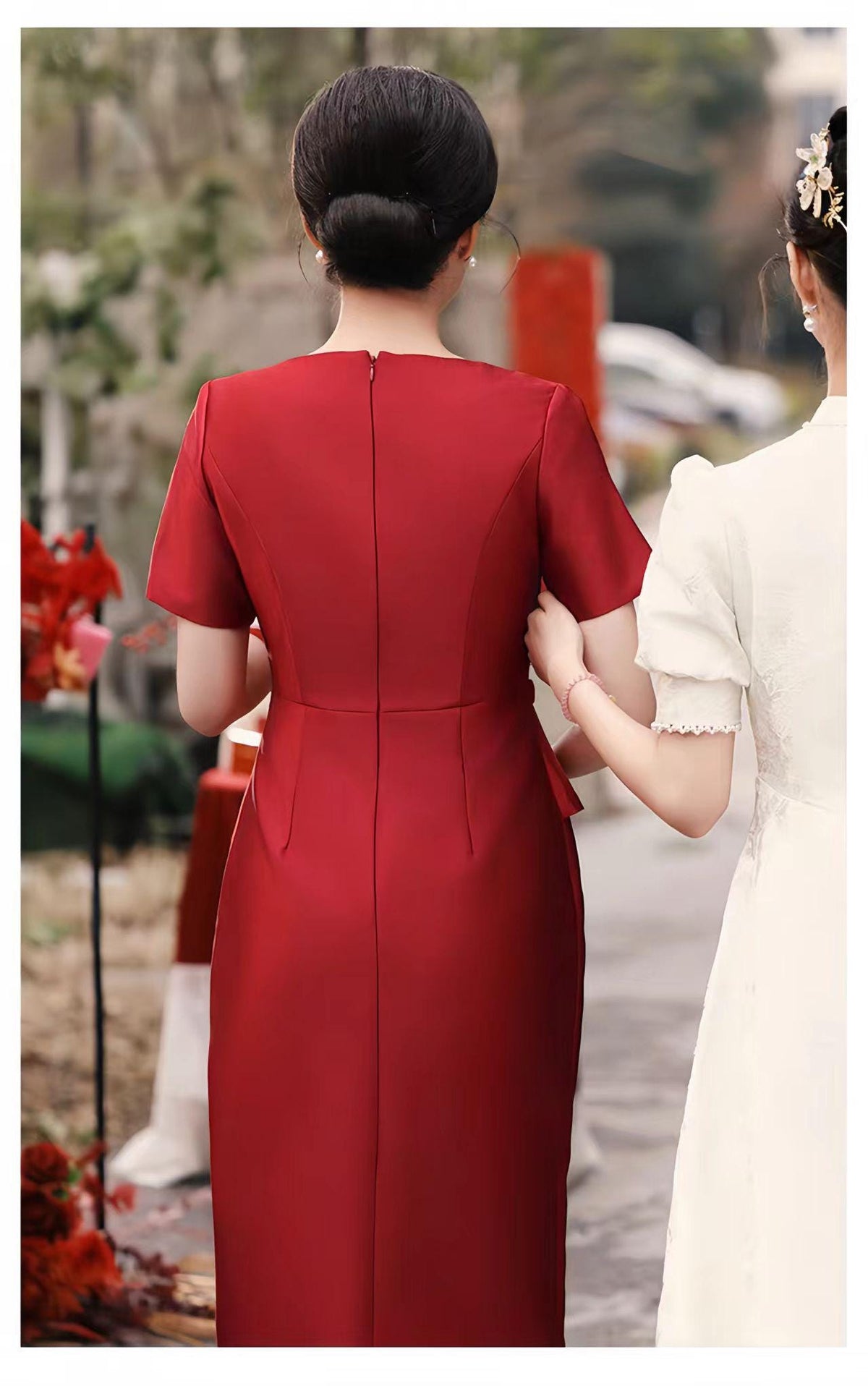 Women's Red Embroidered Satin Qipao Cheongsam Dress – additional product view