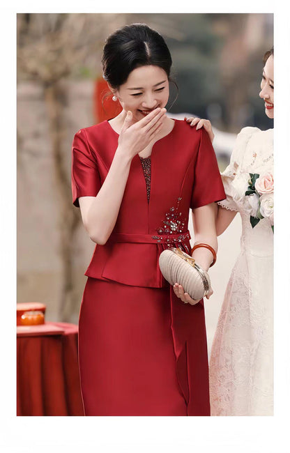 Women's Red Embroidered Satin Qipao Cheongsam Dress – additional product view