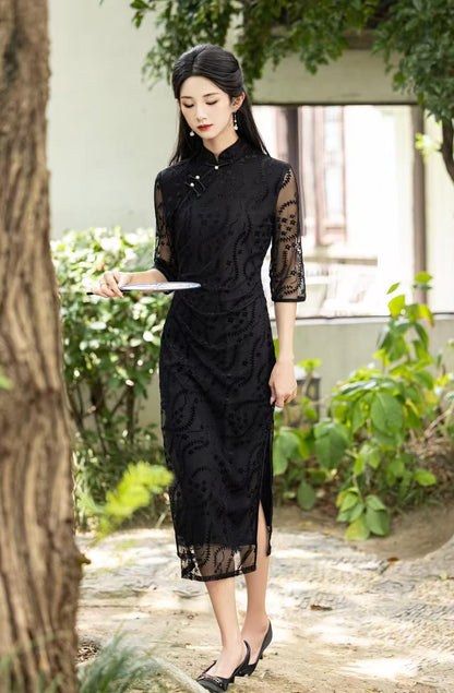 Women's Floral Velvet Qipao Cheongsam Dress