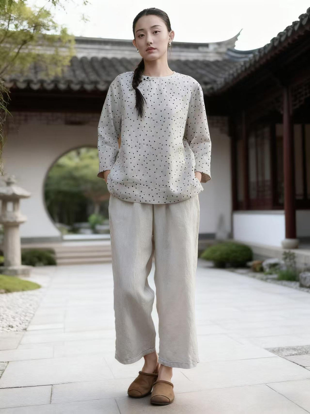 Vintage Linen Chinese Style Wide-Leg Pants – additional product view