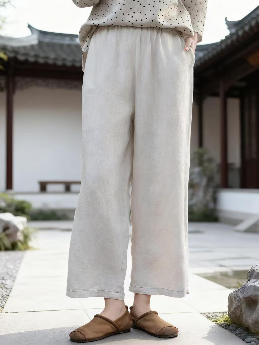 Vintage Linen Chinese Style Wide-Leg Pants – additional product view