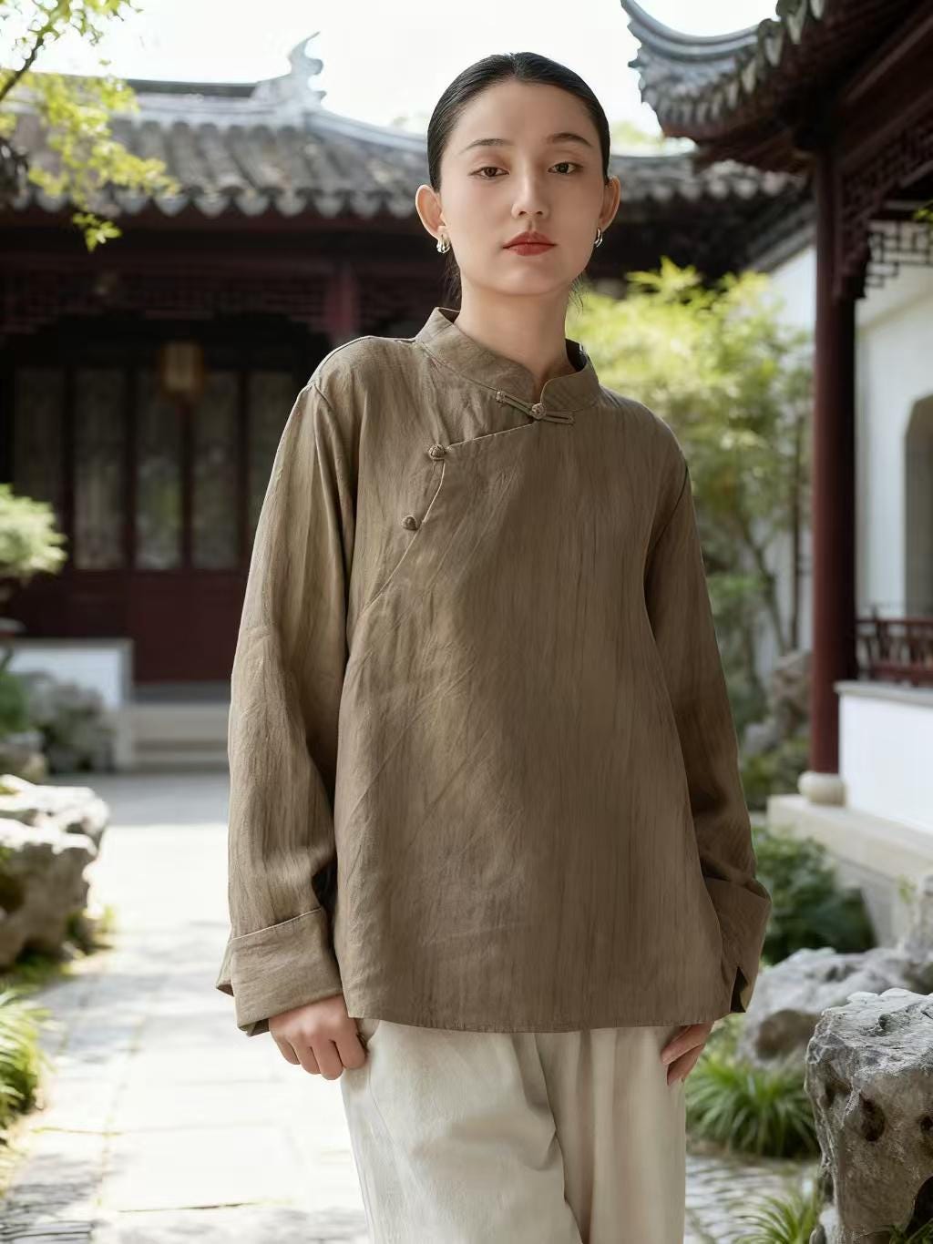 Women's Vintage Chinese Style Blouse – Linen High Collar – additional product view