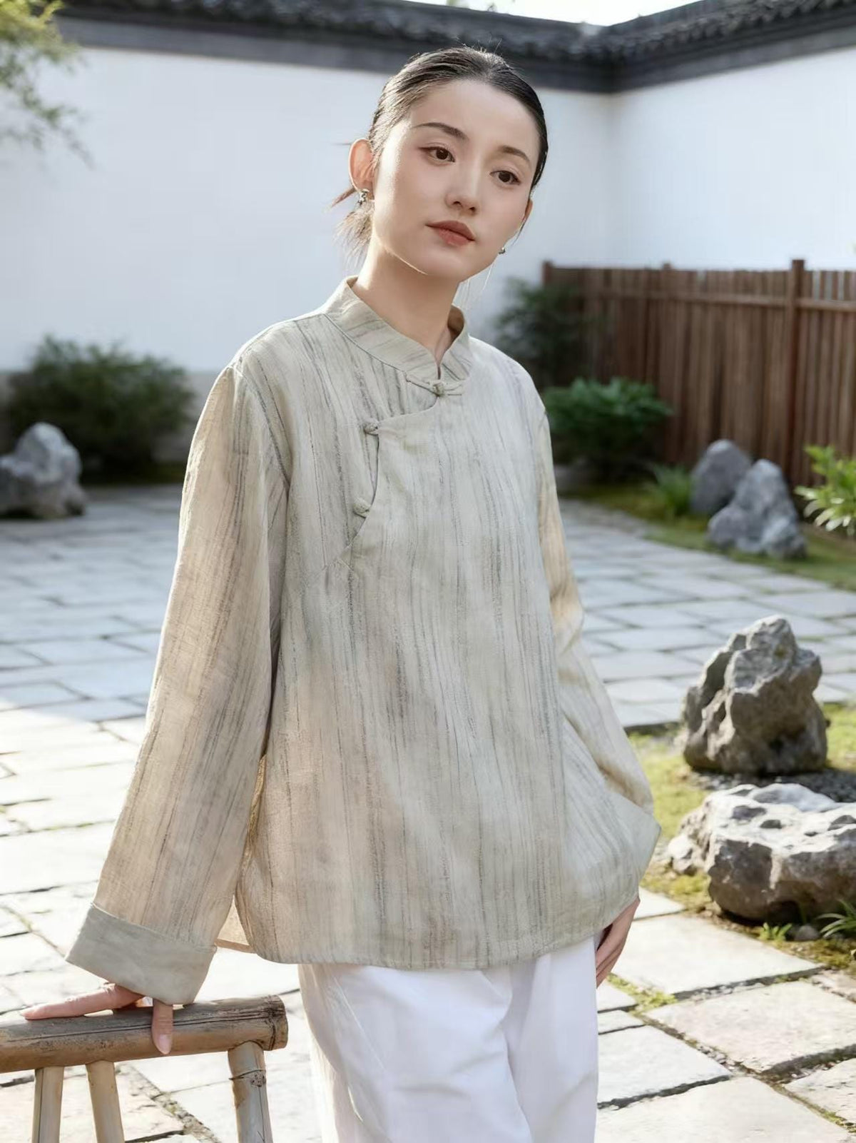 Women's Vintage Chinese Style Blouse – Linen High Collar – additional product view