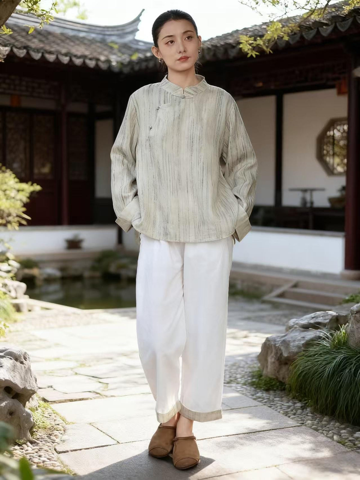 Women's Vintage Chinese Style Blouse – Linen High Collar – additional product view