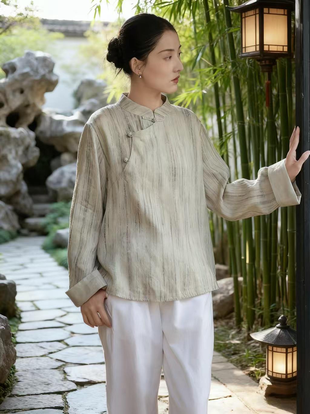 Women's Vintage Chinese Style Blouse – Linen High Collar – additional product view