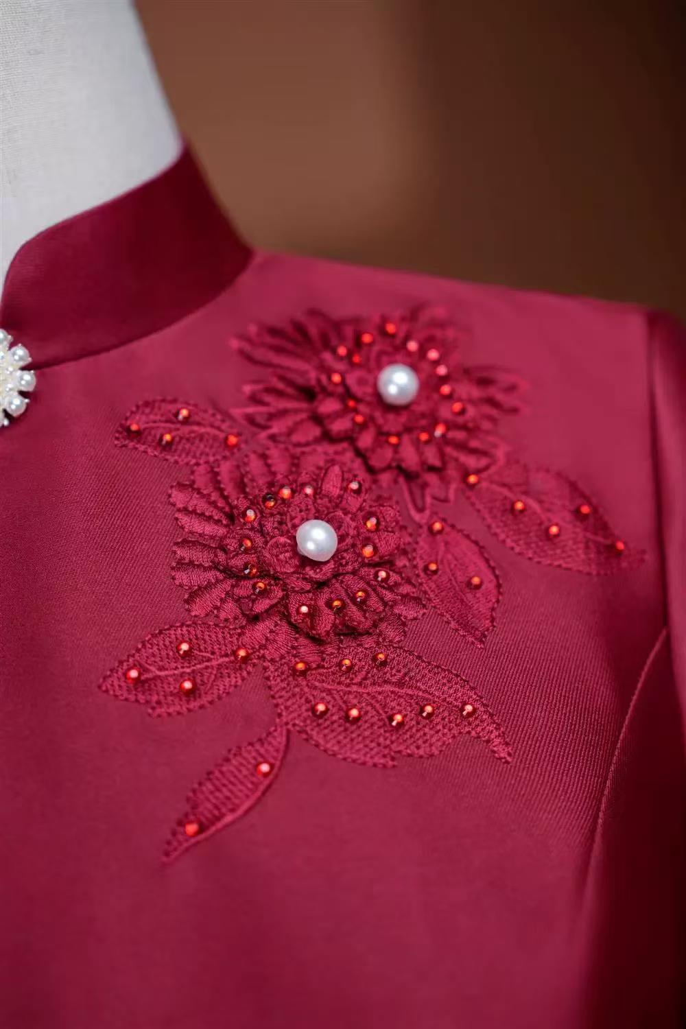 Women's Red Floral Qipao Cheongsam Dress – Linen – additional product view