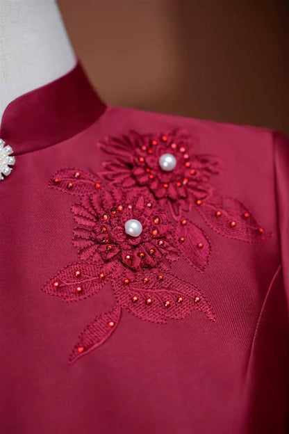 Women's Red Floral Qipao Cheongsam Dress – Linen – additional product view