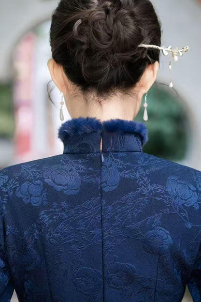 Women's Blue Floral Qipao Cheongsam Dress – Jacquard Winter – additional product view