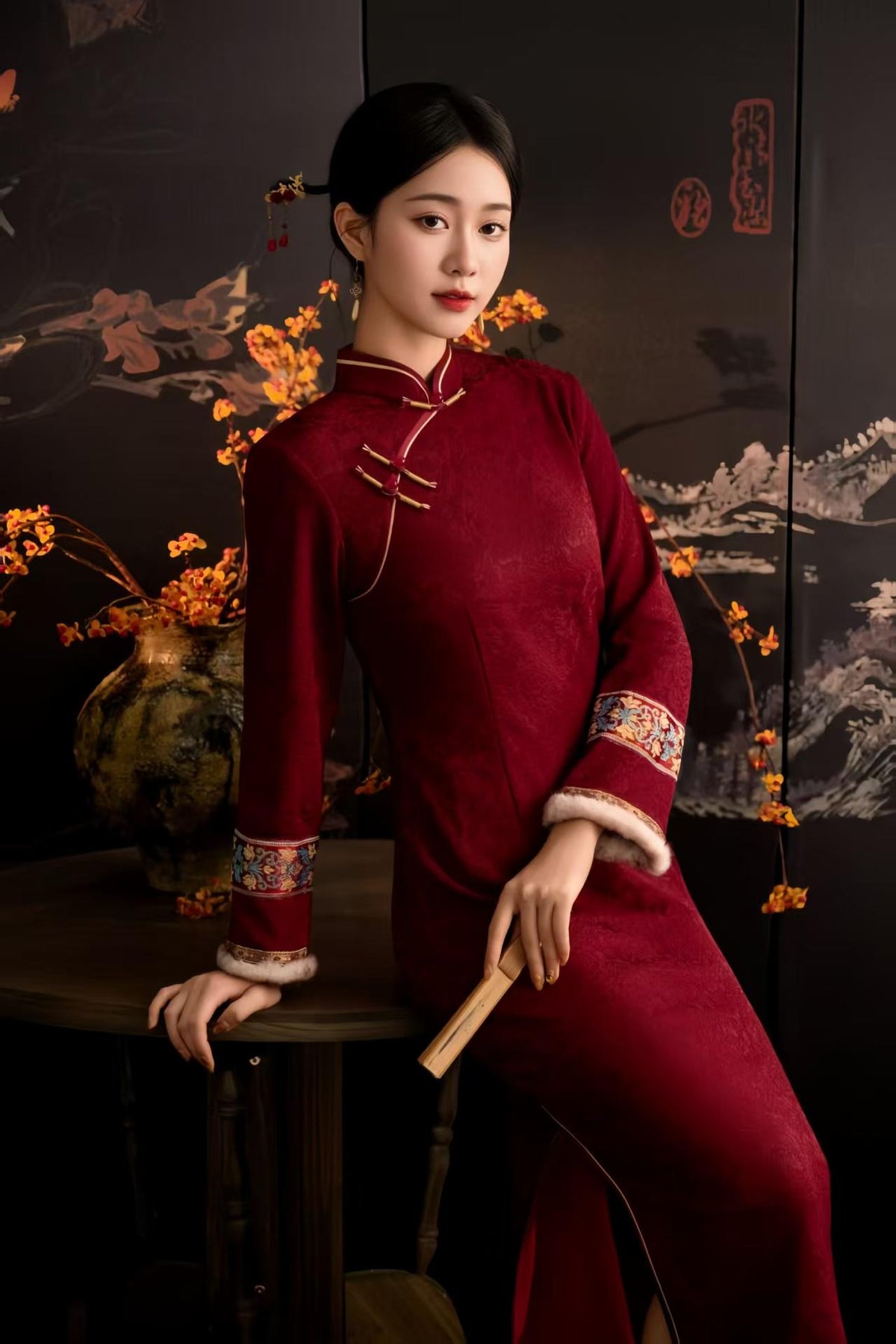 Women's Floral Qipao Cheongsam Dress – Burgundy Jacquard – additional product view