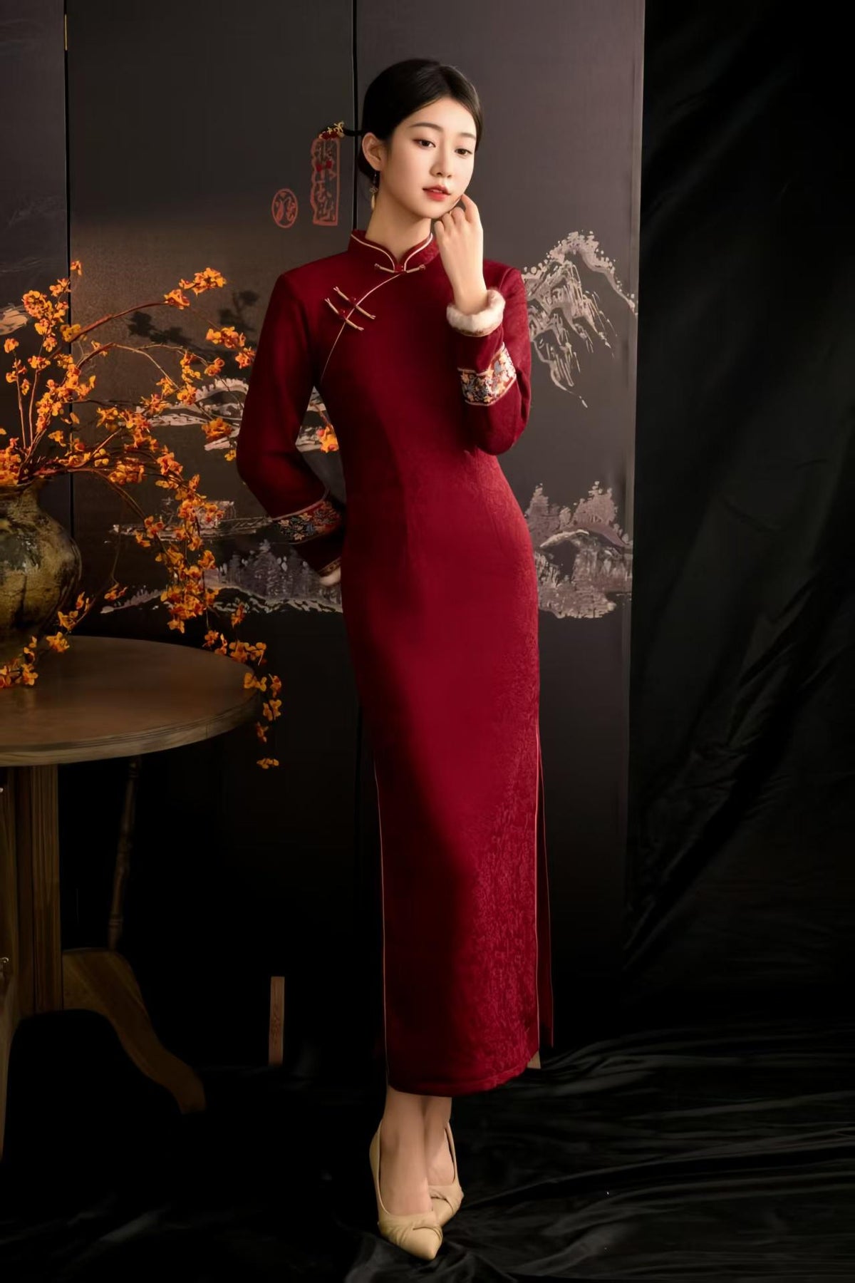Women's Floral Qipao Cheongsam Dress – Burgundy Jacquard – additional product view