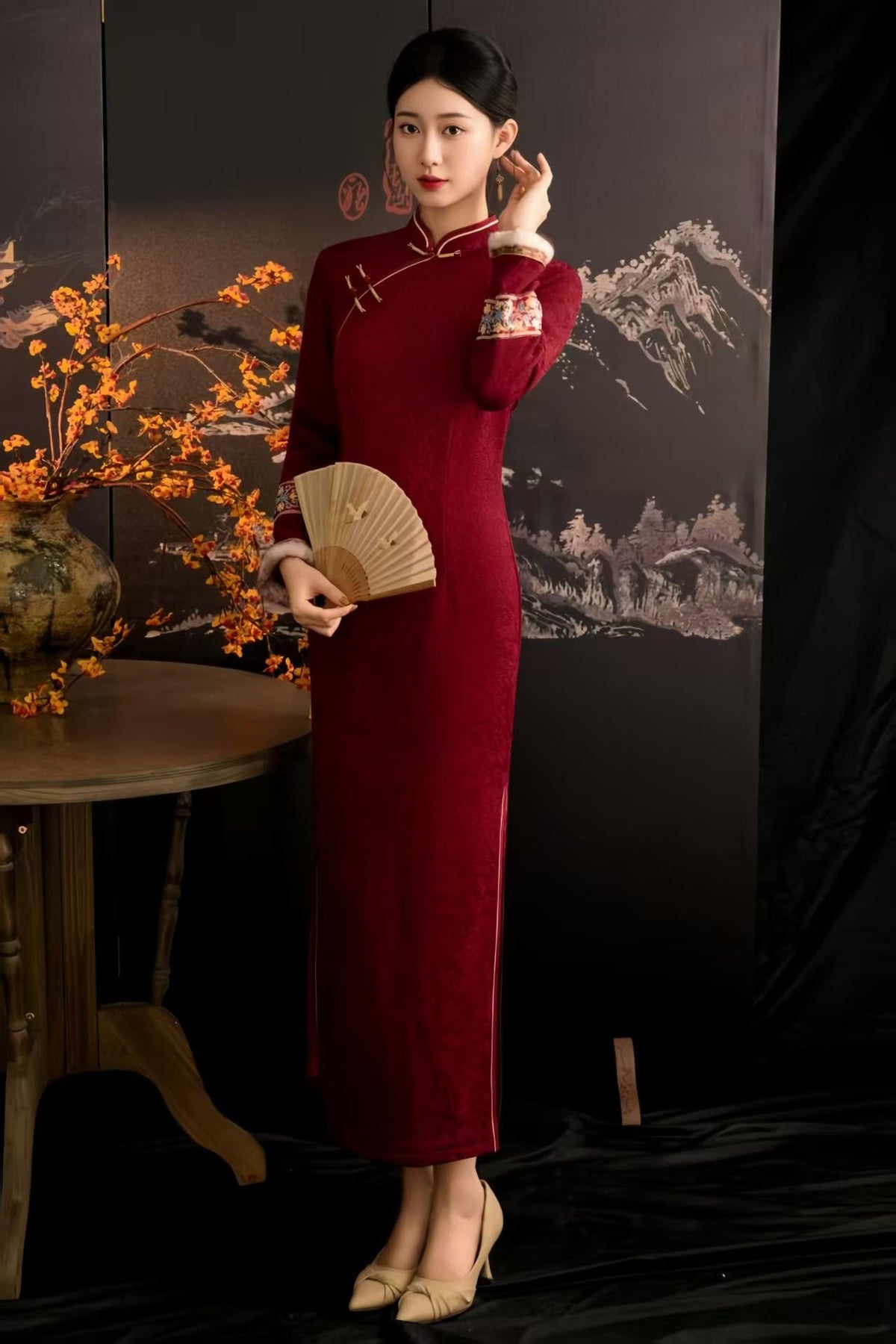 Women's Floral Qipao Cheongsam Dress – Burgundy Jacquard – additional product view