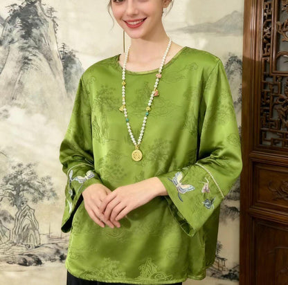 Women's Jacquard Silk Chinese Style Blouse – Landscape Print