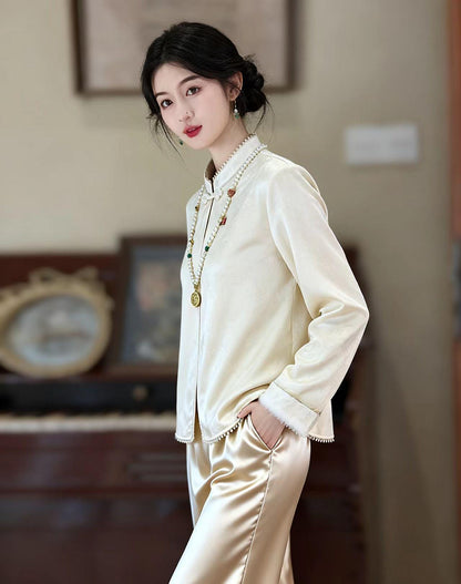 Women's Jacquard Silk Chinese Style Blouse – Long Sleeve Winter – additional product view