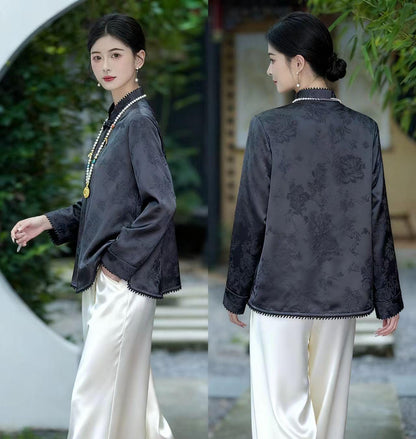 Women's Jacquard Silk Chinese Style Blouse – Long Sleeve Winter – additional product view
