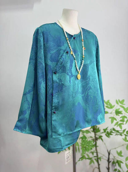 Women's Blue Floral Silk Chinese Style Blouse – additional product view