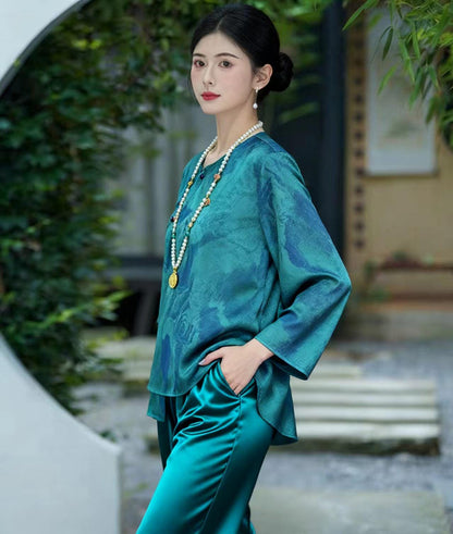 Women's Blue Floral Silk Chinese Style Blouse – additional product view