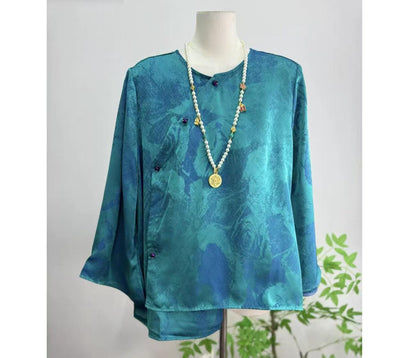 Women's Blue Floral Silk Chinese Style Blouse