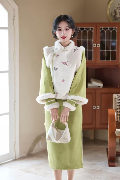 Women's Green Embroidered Qipao Cheongsam Dress