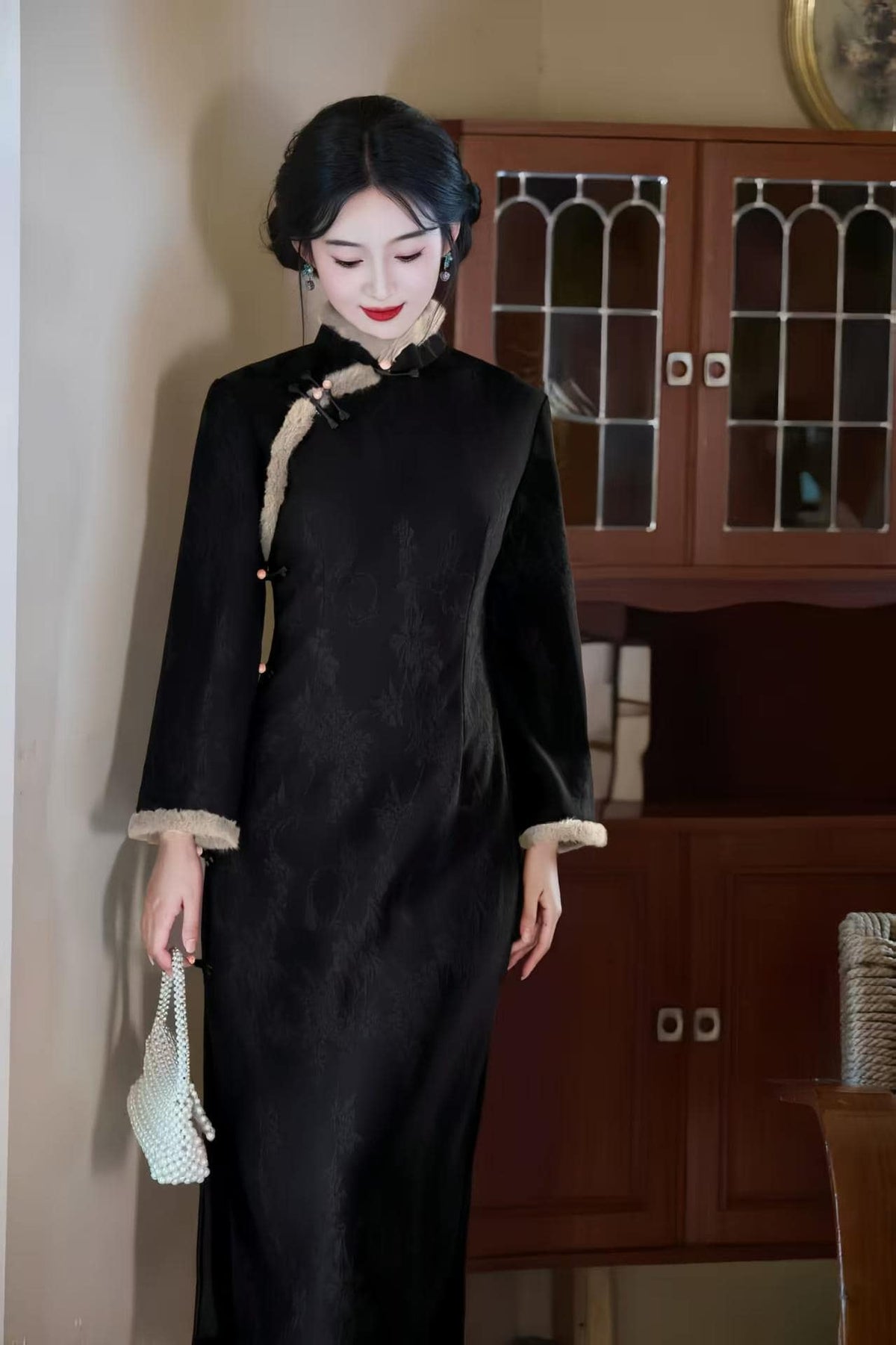 Women's Black Embroidered Qipao Cheongsam Dress – Jacquard Long – additional product view