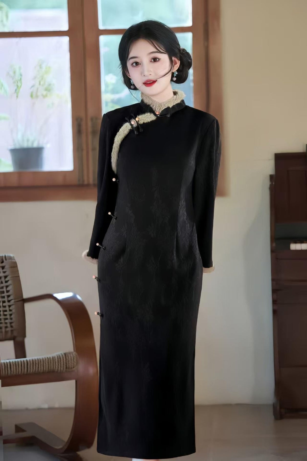 Women's Black Embroidered Qipao Cheongsam Dress – Jacquard Long – additional product view
