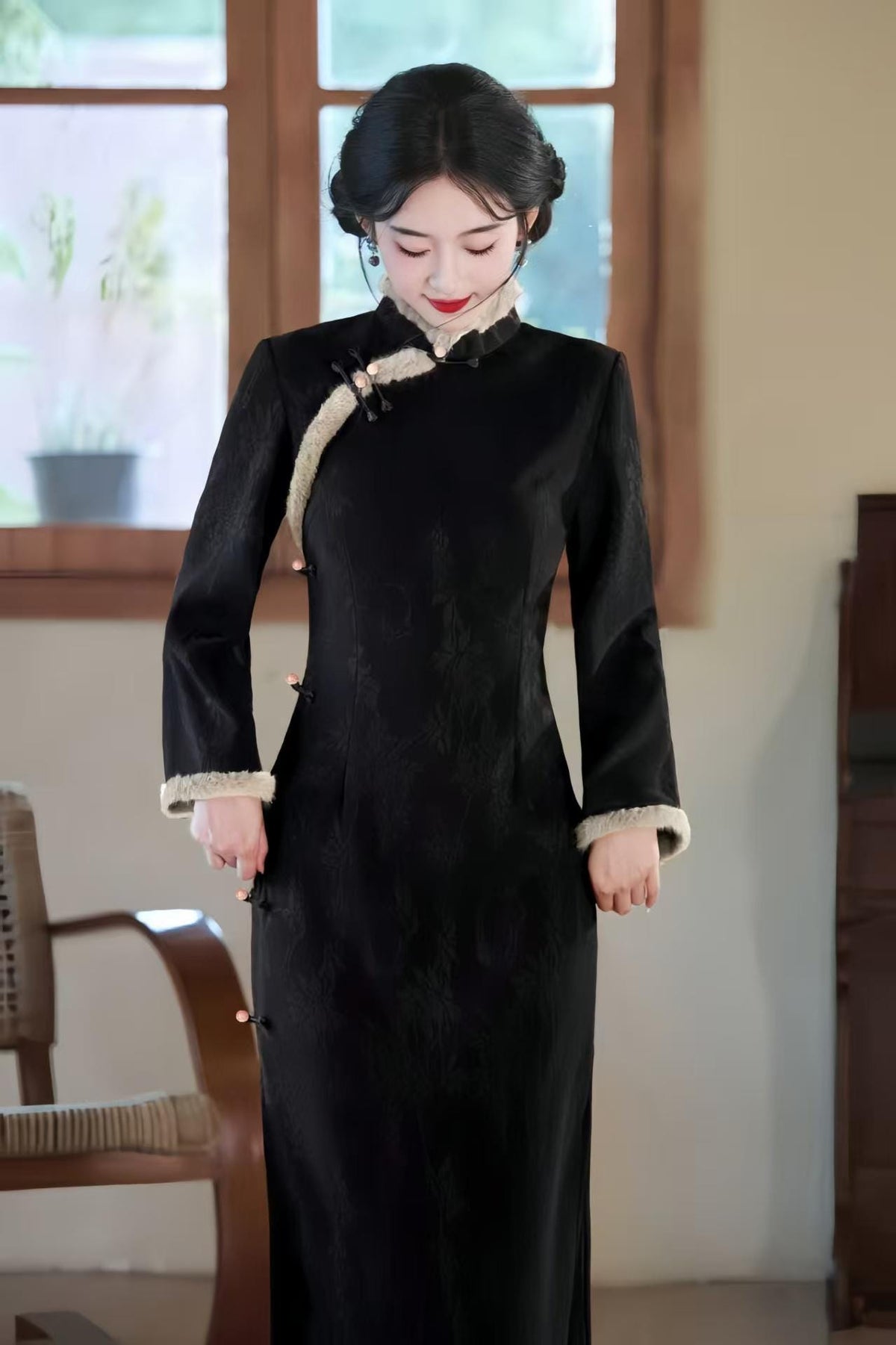 Women's Black Embroidered Qipao Cheongsam Dress – Jacquard Long – additional product view