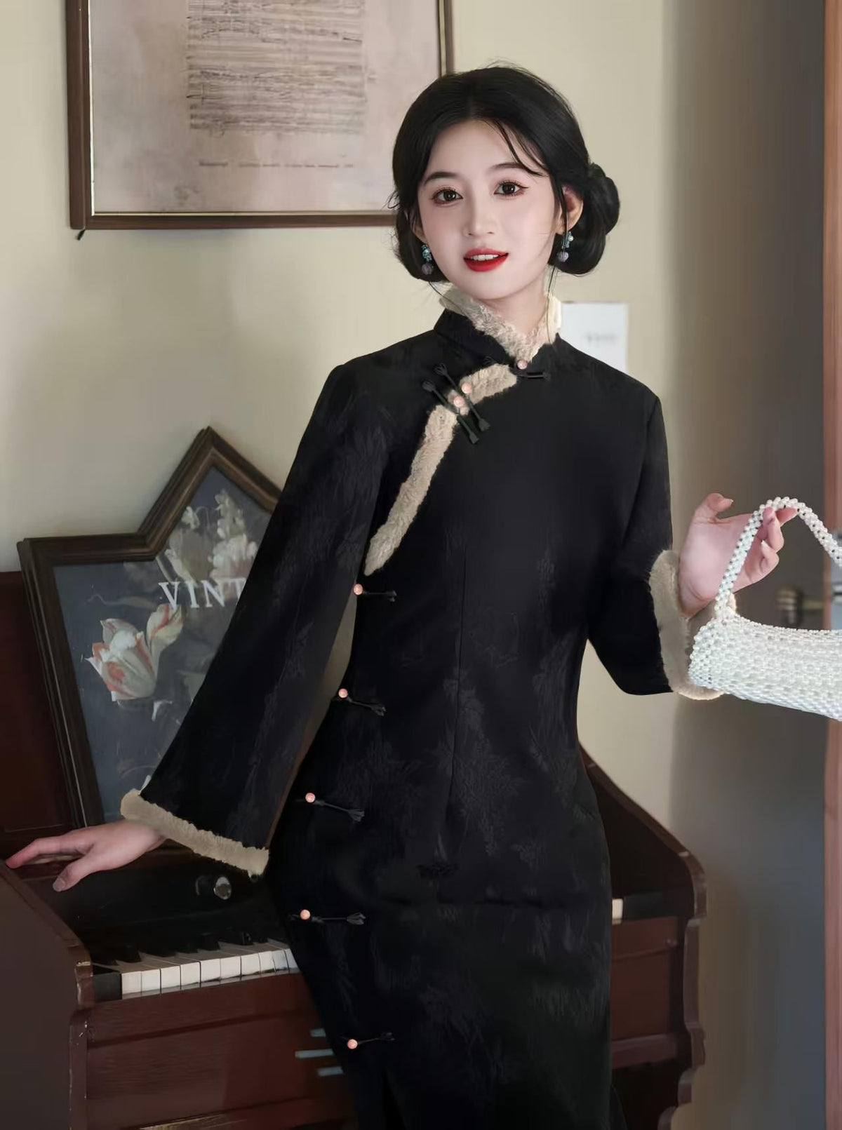 Women's Black Embroidered Qipao Cheongsam Dress – Jacquard Long – additional product view