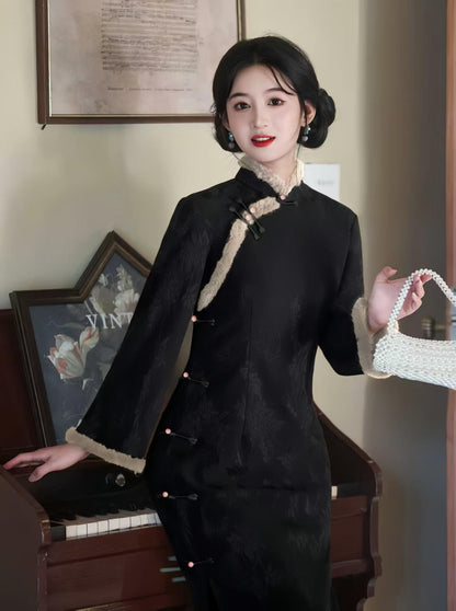 Women's Black Embroidered Qipao Cheongsam Dress – Jacquard Long – additional product view