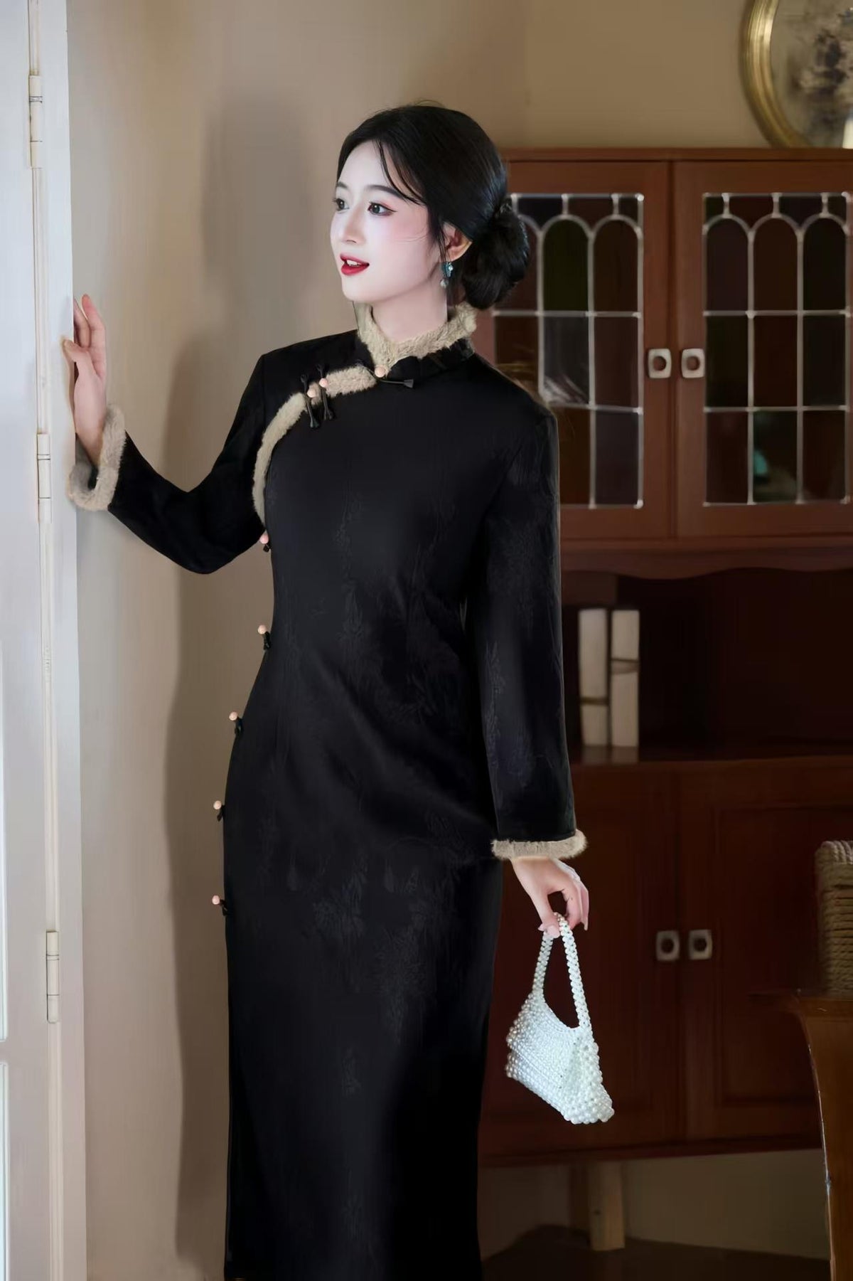 Women's Black Embroidered Qipao Cheongsam Dress – Jacquard Long – additional product view