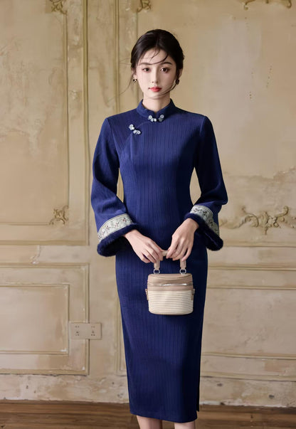Women's Blue Floral Satin Qipao Cheongsam Dress