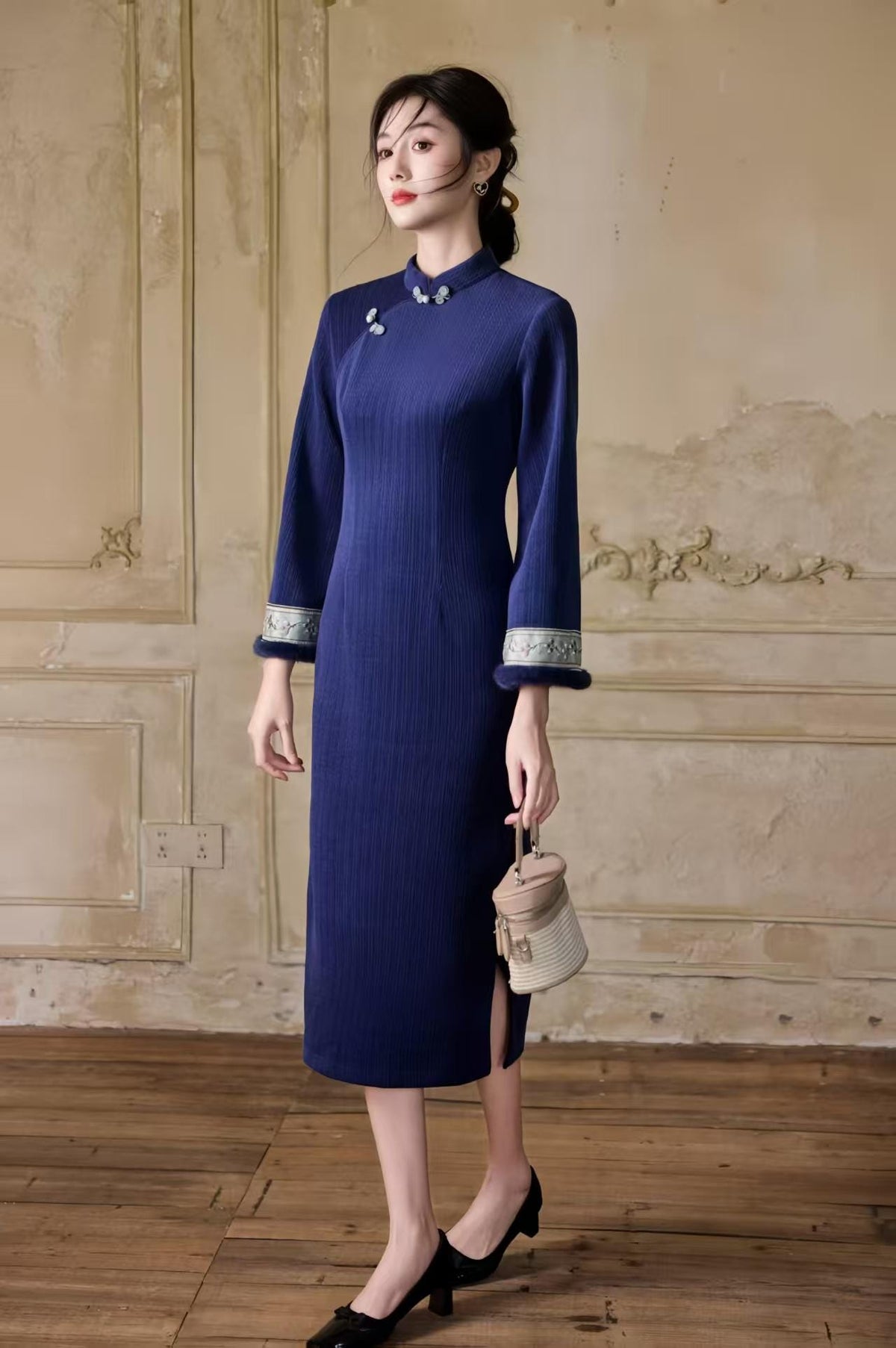 Women's Blue Floral Satin Qipao Cheongsam Dress – additional product view
