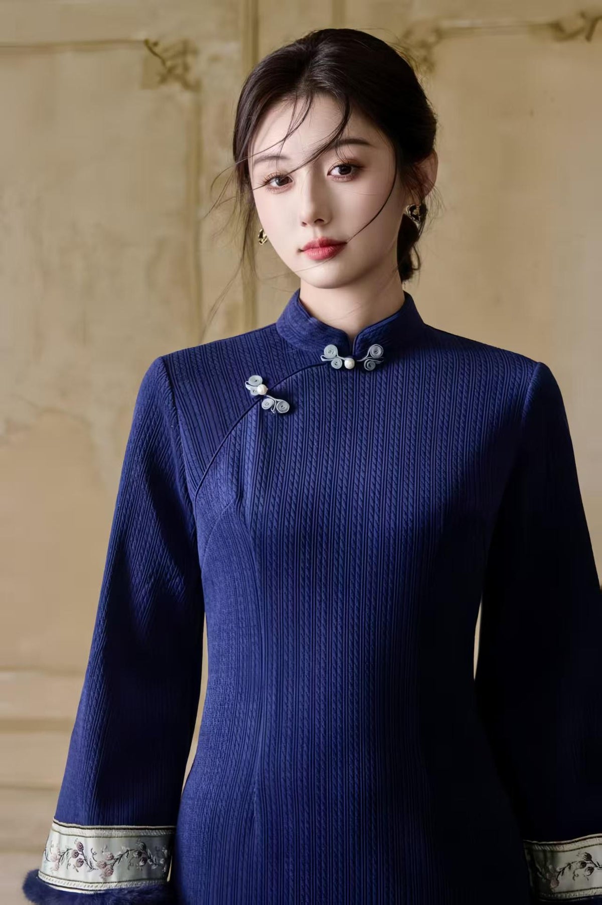 Women's Blue Floral Satin Qipao Cheongsam Dress – additional product view