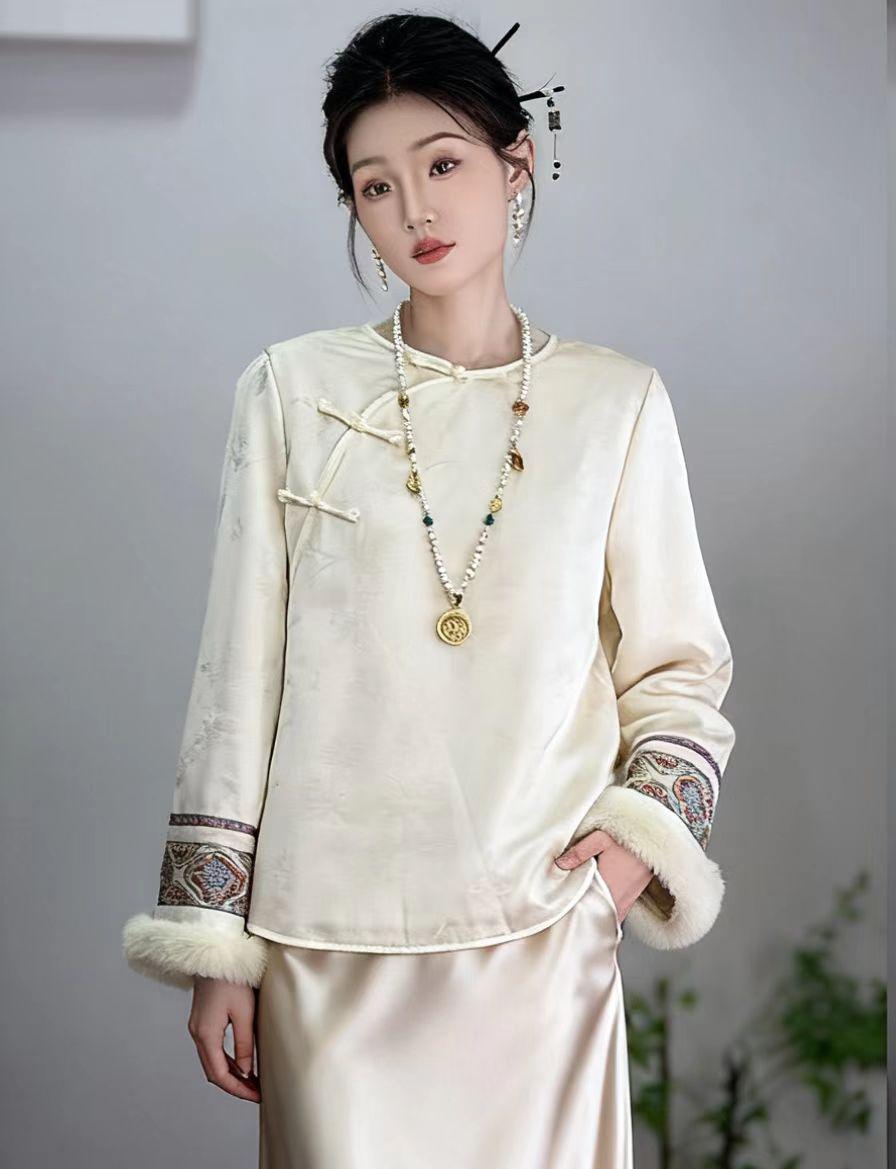 Women's Black Jacquard Silk Chinese Style Blouse – additional product view